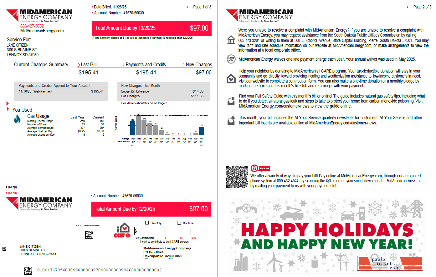 USA MidAmerican Energy Company utility bill template in Word and PDF formats, 3 pages, 1 2 pages